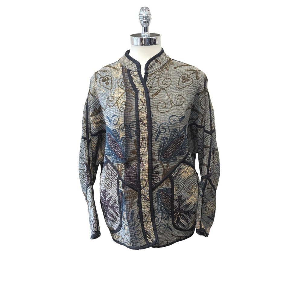 Namai Quilted Kantha Cropped Jacket Floral Embroidered Button Front One Size